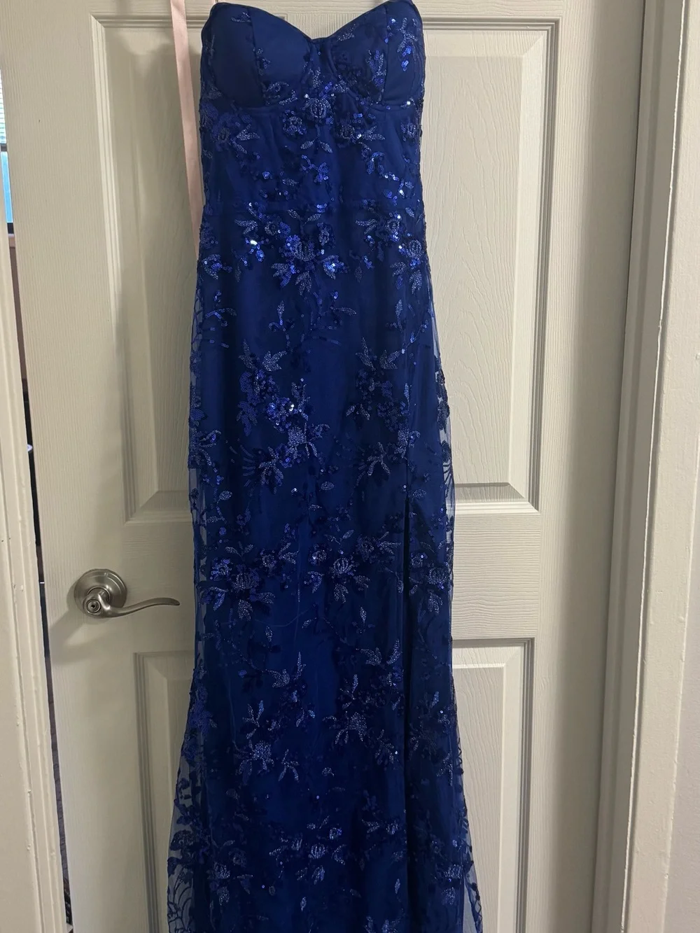Lulu's Royal Blue Strapless Sequin Floral Gown